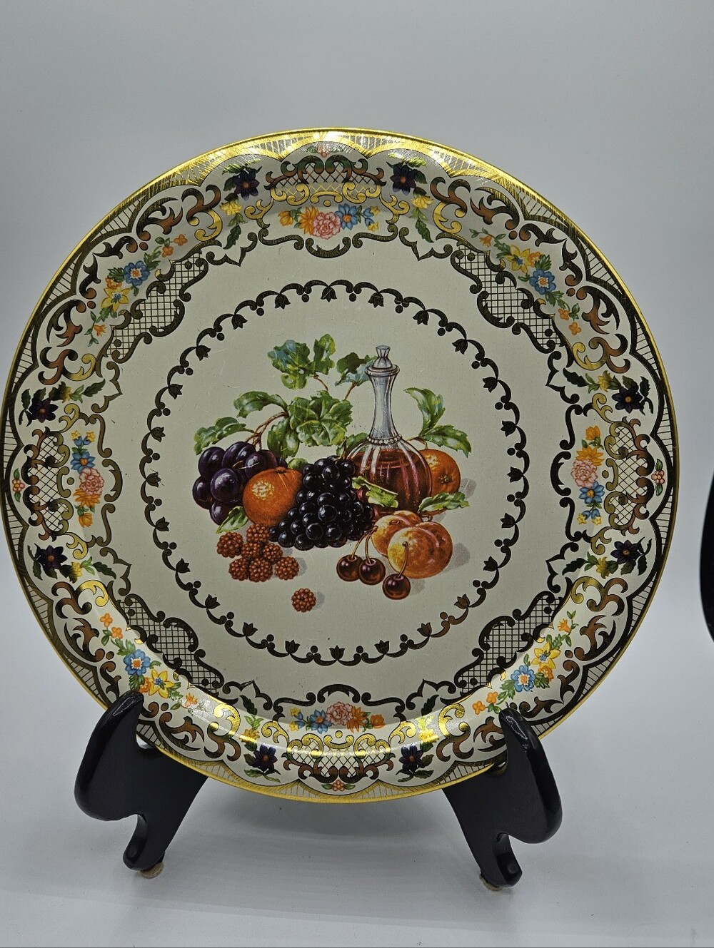 10" Daher England Tin Decorative Plate Fruit & Wine Style Multicolor Round